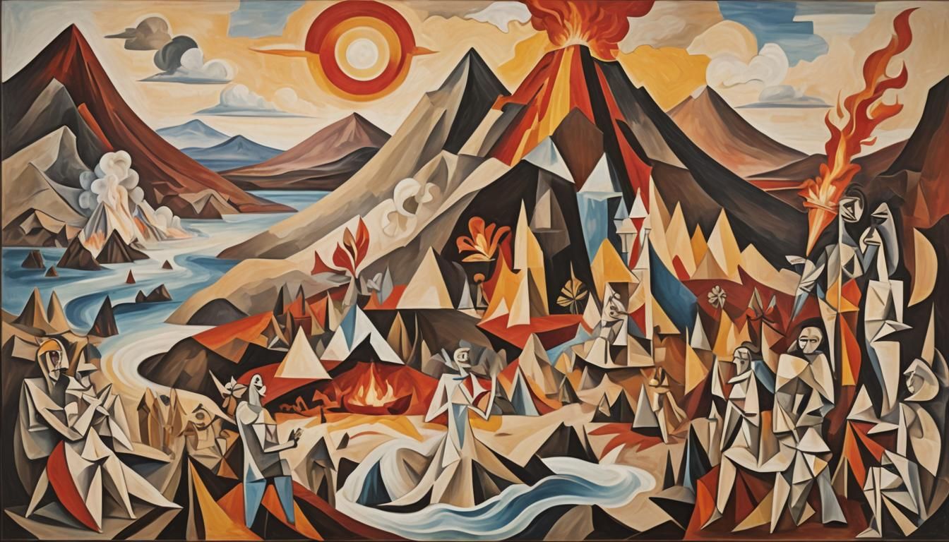 Picasso, extreme cubism; An abstract, surreal painting featuring stylized human figures intertwined with ...  by @_justrob_