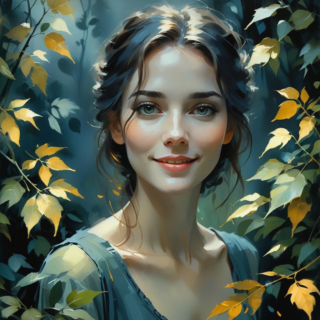 Enigmatic Girl Portrait in Gouache with Lush Foliage