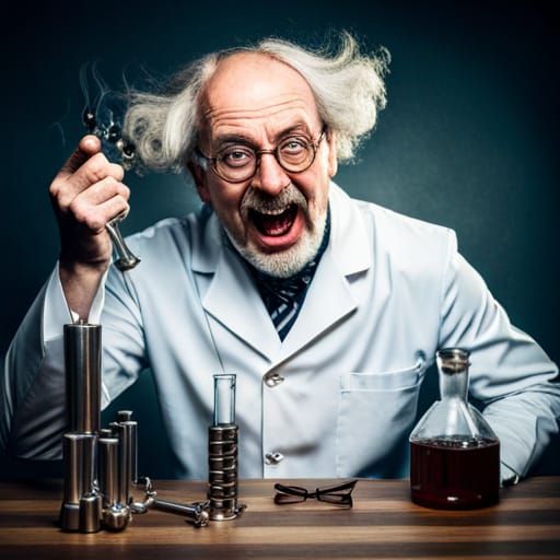 Mad scientist, with glasses with spiral eyes, evil laugh, flask in hand ...