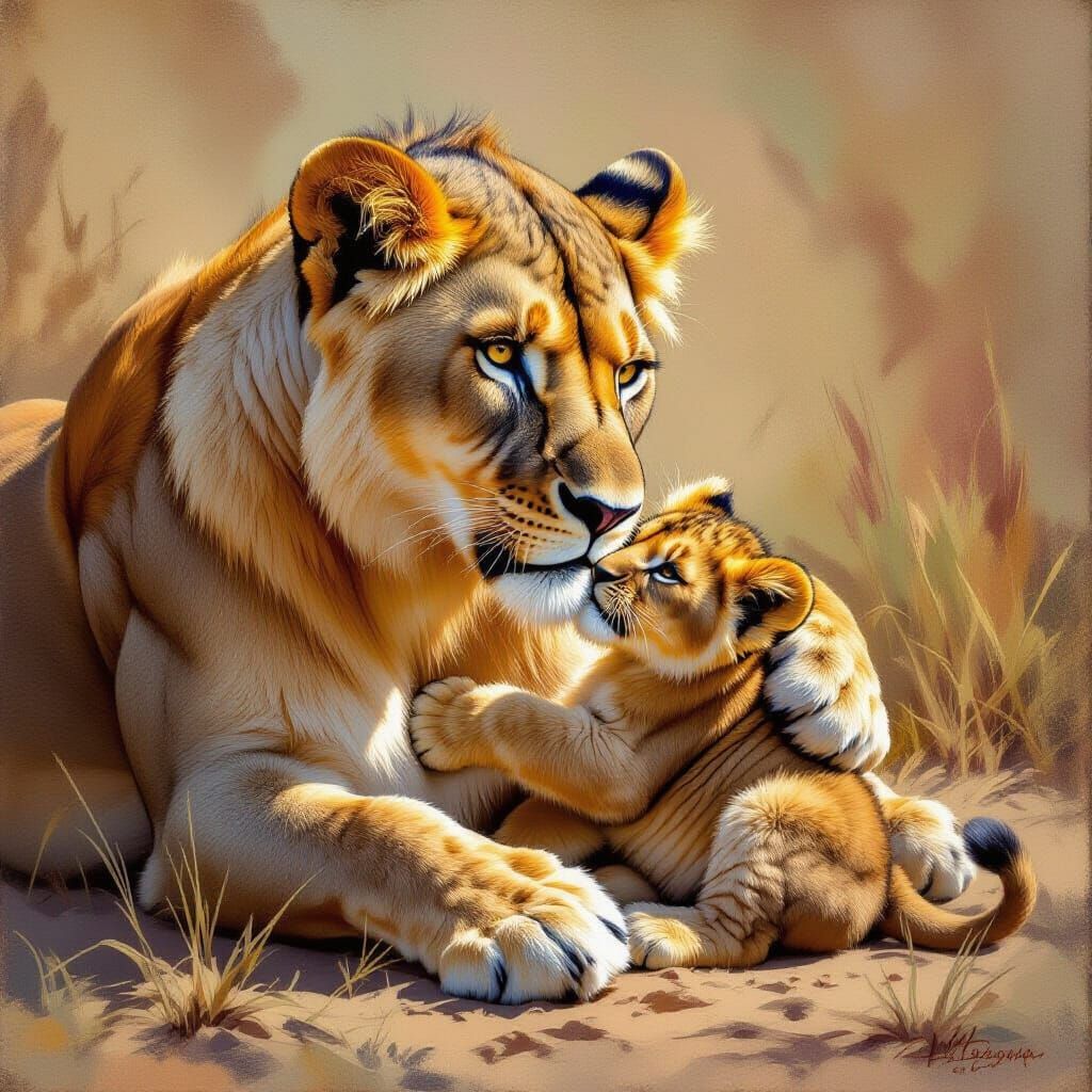 Lioness Carries Cub by Scruff in Painterly Style