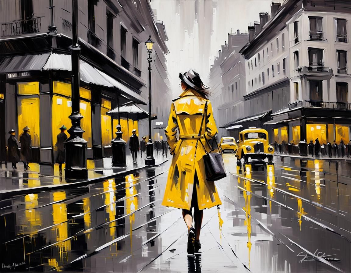 Black and white art of a girl in a yellow trench coat walking down the black and white streets, style ...  by @Kindly Offer