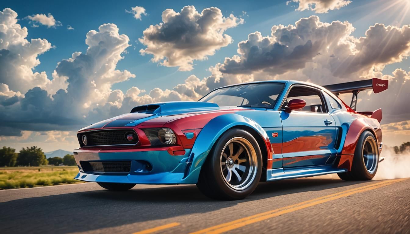 Hot wheel car, wide body, big engine blue red,