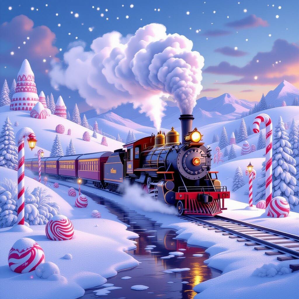 Whimsical Winter Candyland Steam Train at Dusk