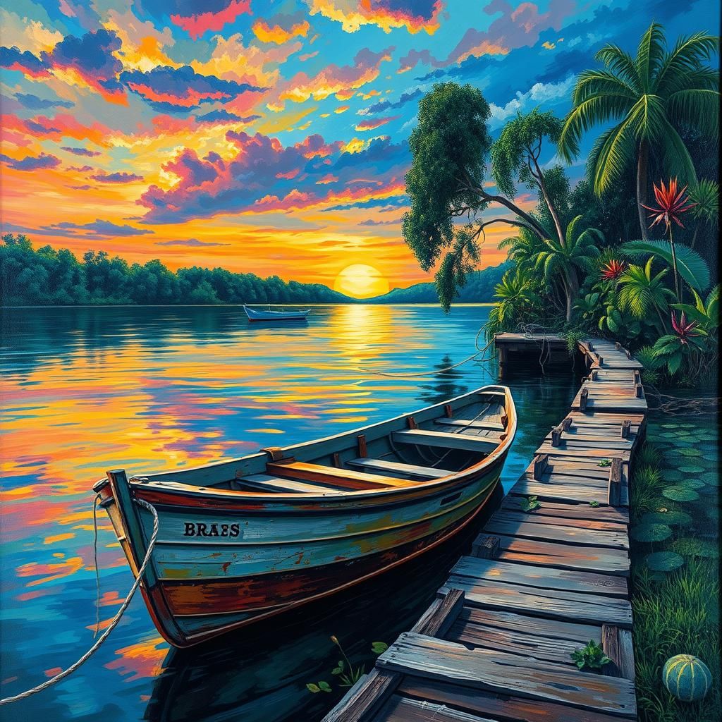 Brushed Metal Lakeside Scene in Abstract Expressionist Style