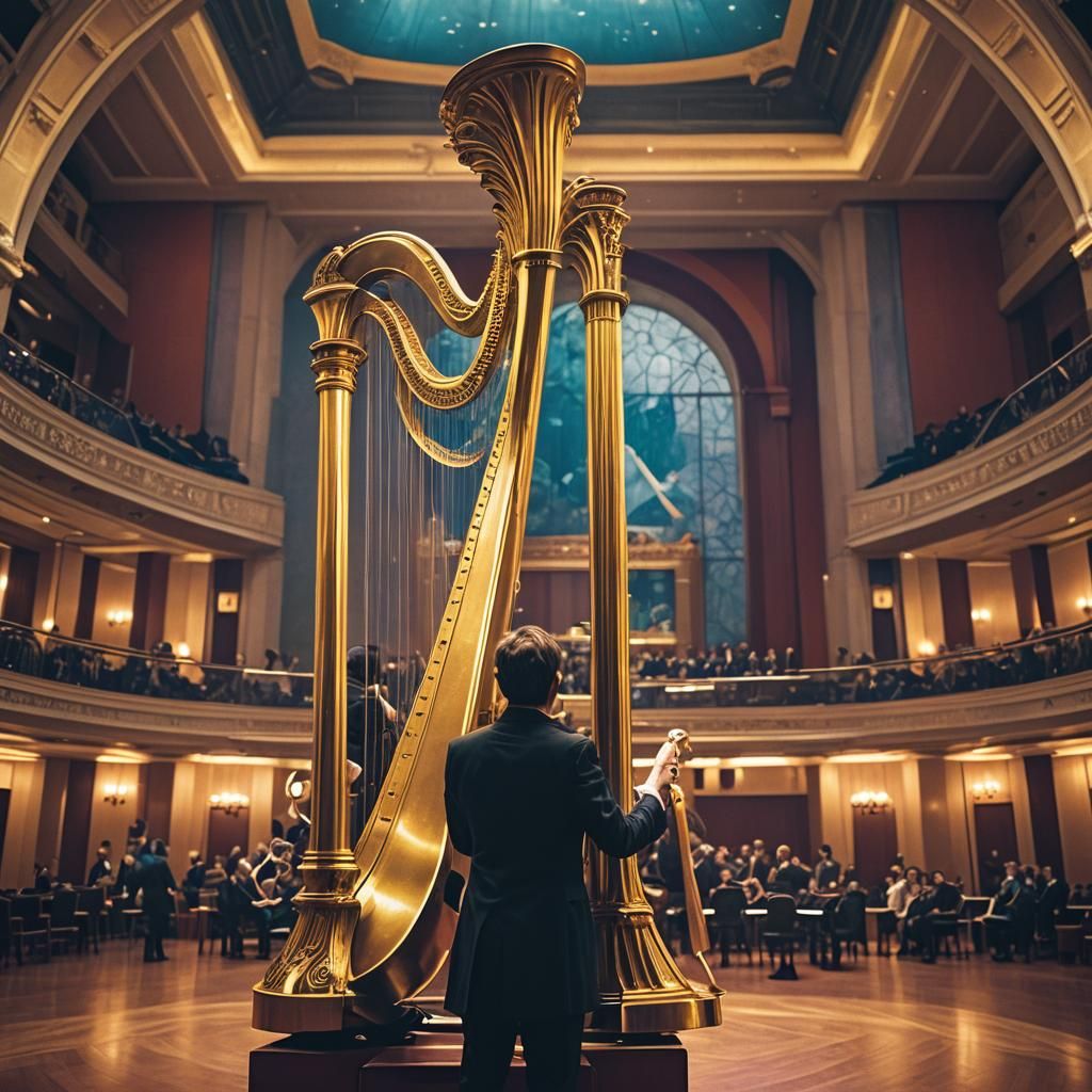 Rainbow alchemy with a golden harp in symphony hall