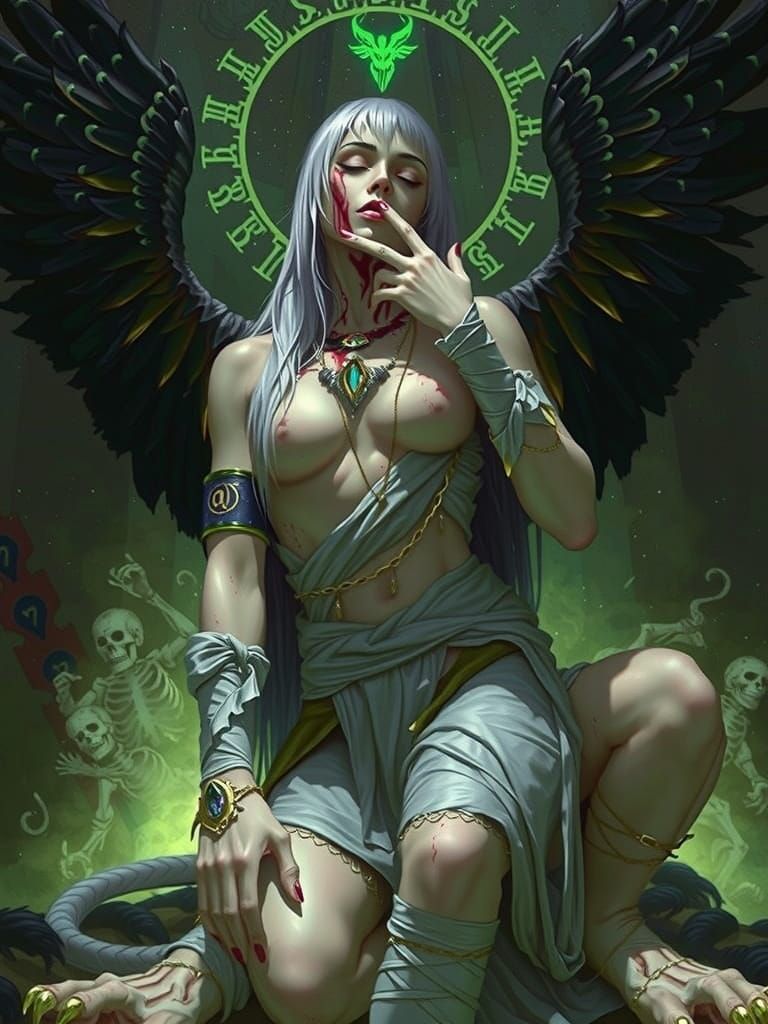 Ancient Undead Sphinx with Black Feathered Wings and Golden ...