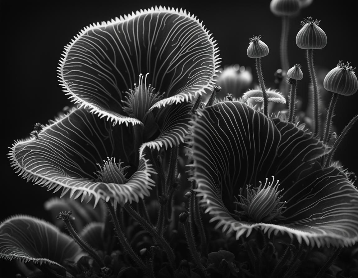 Flawless detailing. Translucent Monochrome Crystal Venus Flytraps. 8k resolution 