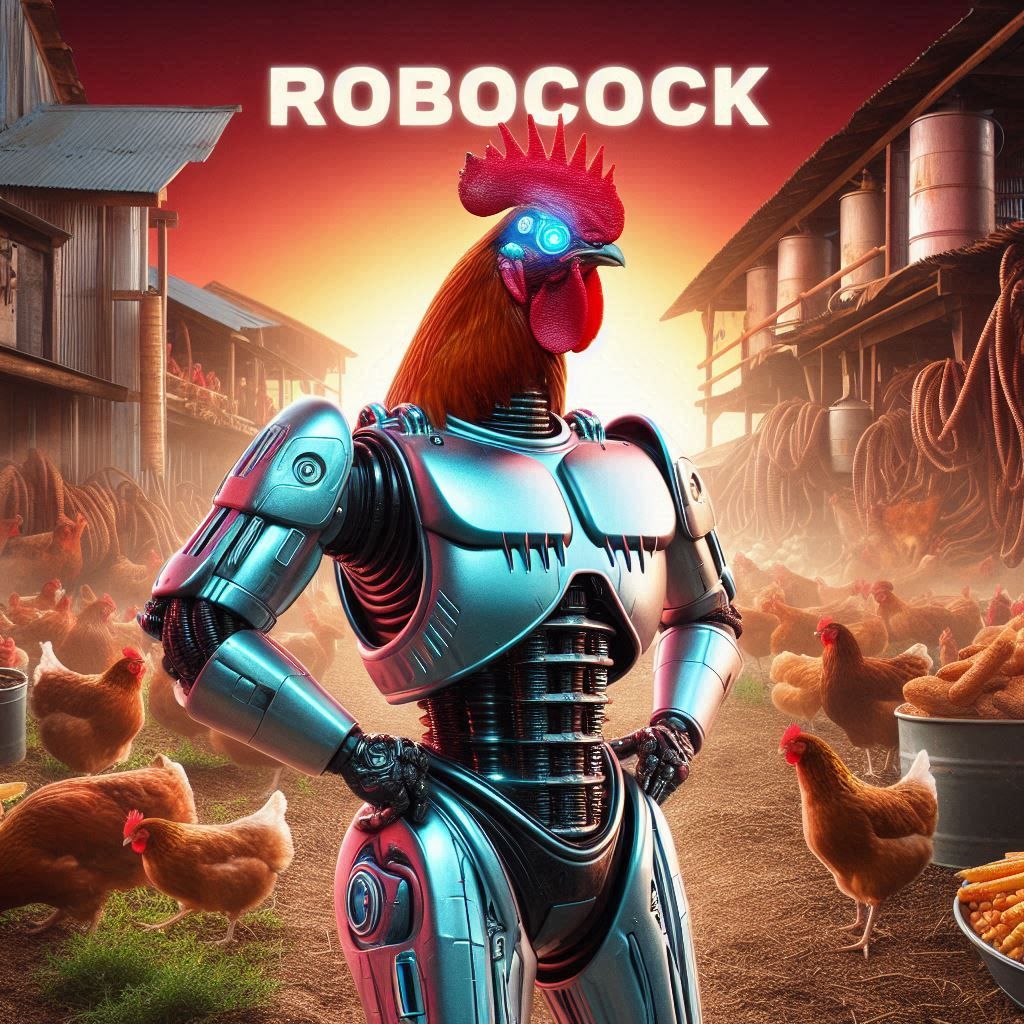 Robocock Movie Poster Featuring A Cyborg Chicken In A Futuristic Farm 