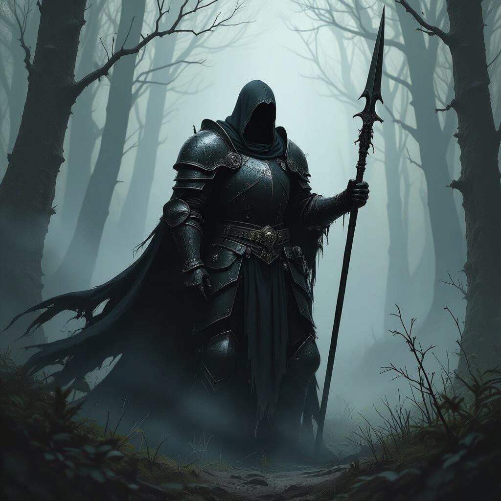 A gothic knight wielding a spear, standing in a forest, with shadows clinging to him unnaturally