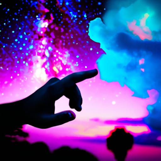a nebula explosion in the night sky with a person pointing a...
