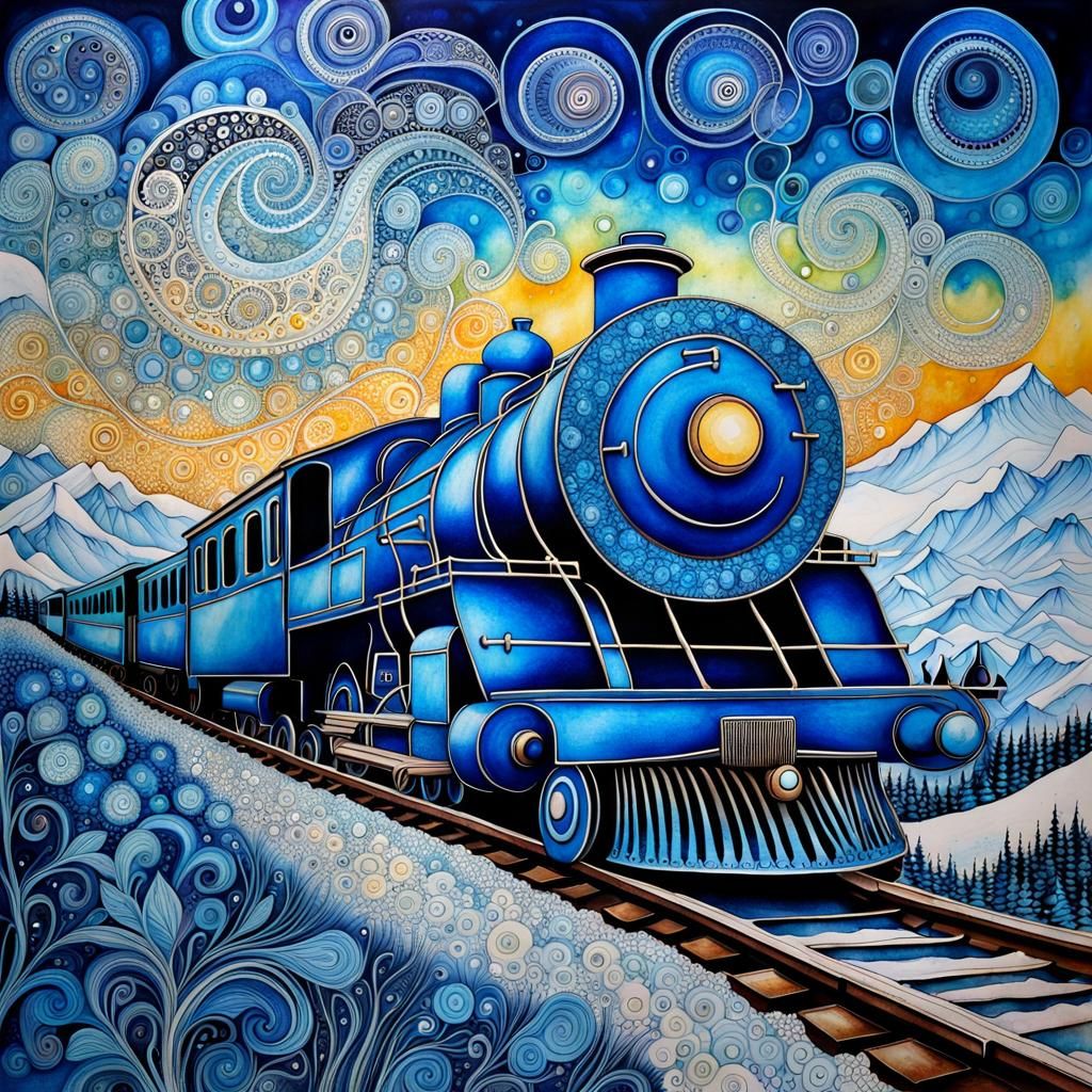 Mysterious blue train. Alps. Zentangle. Ultradetailed. Fantasy. Alcohol ink. Olga Kvasha. Ton Dubbeldam ...  by @Ursula