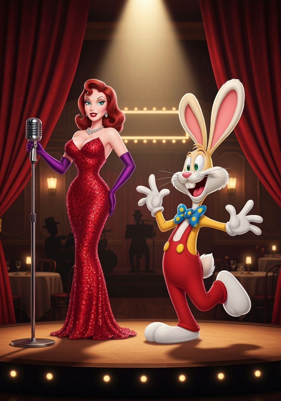Jessica and Roger Rabbit stand together on a stage  by @grl_pwr