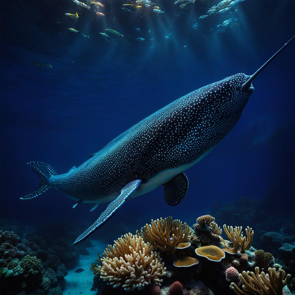 Narwal authentic swimming in the deep dark clear blue ocean ...