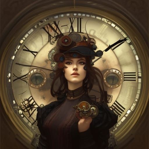 beautiful steampunk women with a clock background  false