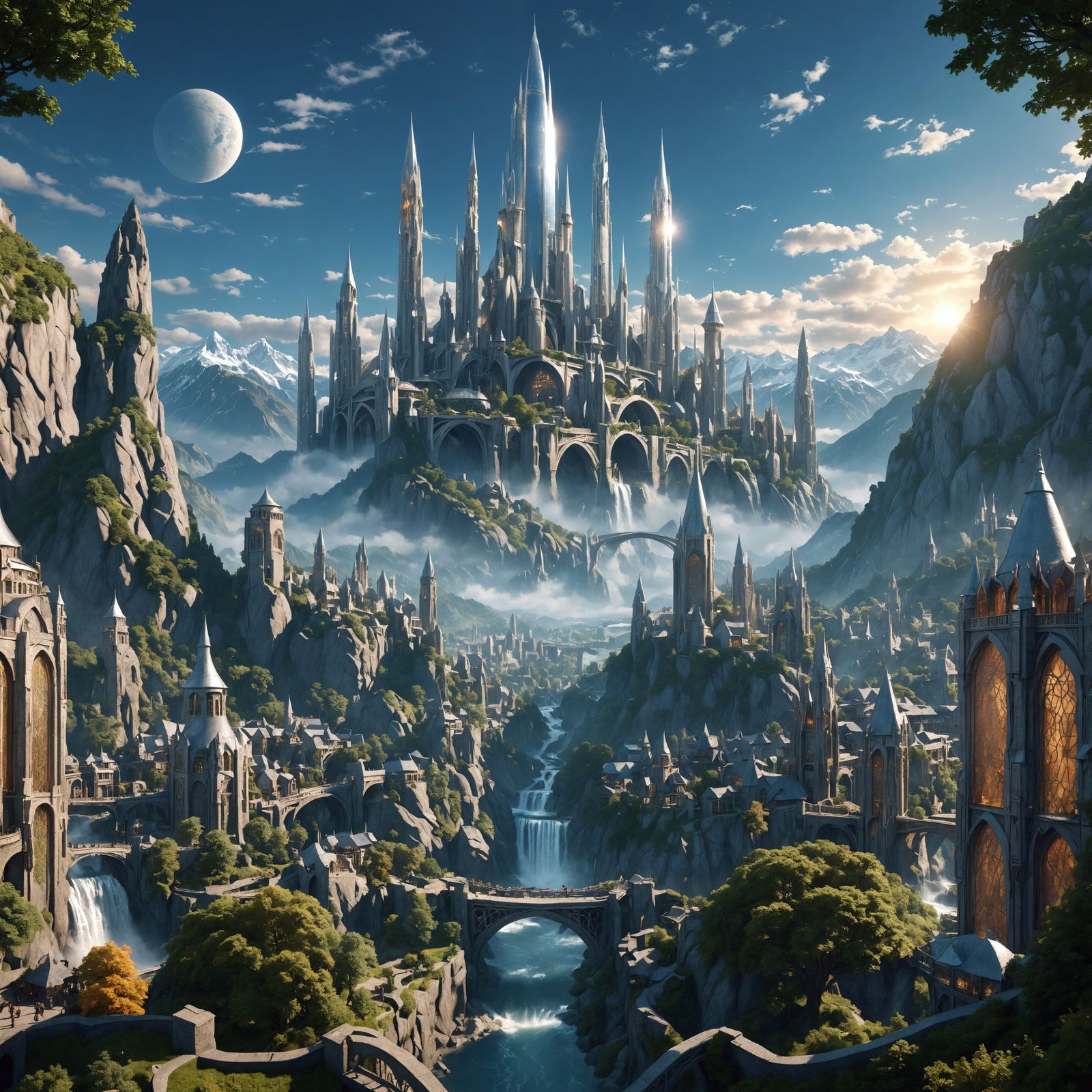 Reimagine Rivendell from the Lord of the Rings as a thriving...