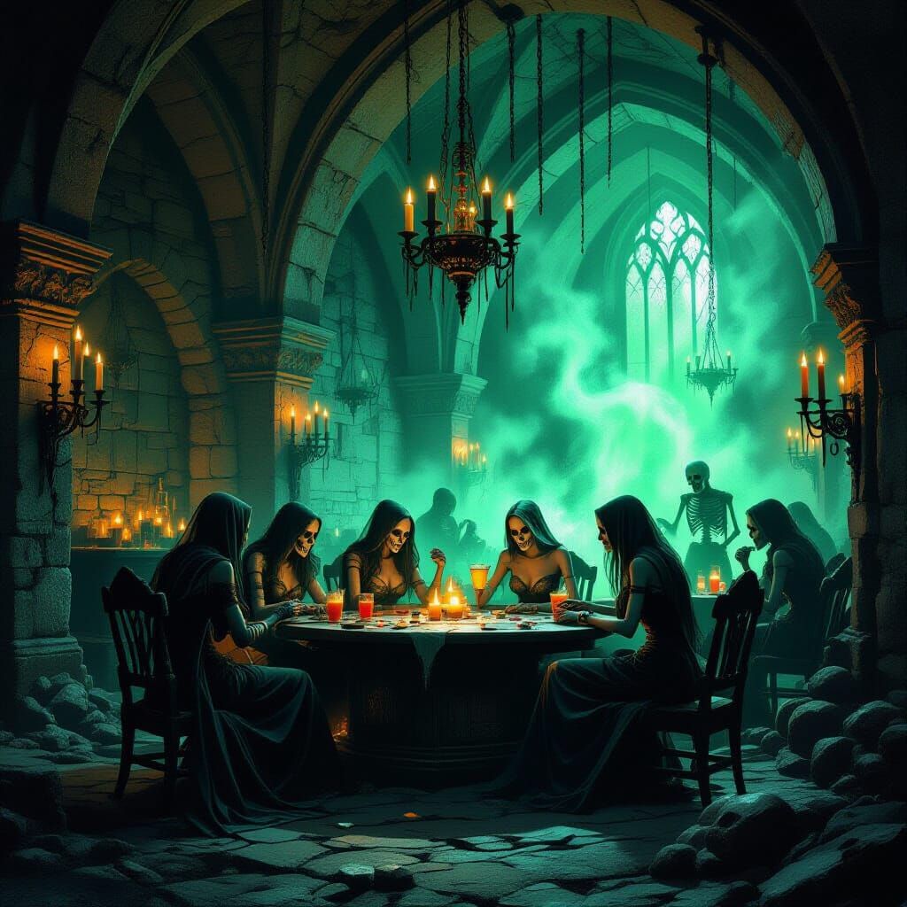 Undead dark fantasy tavern in a ruined crypt, candles made of bone, spectral barmaids serving glowing ghostly drinks, skeletal patrons playi...