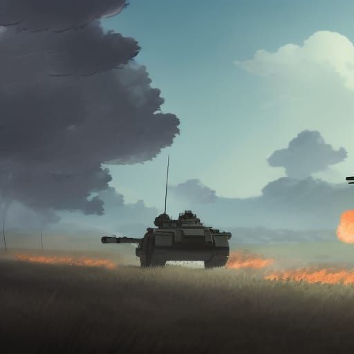 Epic tank battle, smoke, atmospheric effects, fire, tracer r...