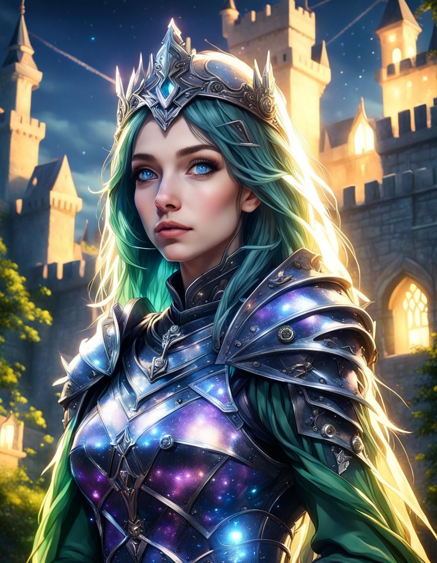 closeup full realism portrait castle protector woman!! overgrown night ...