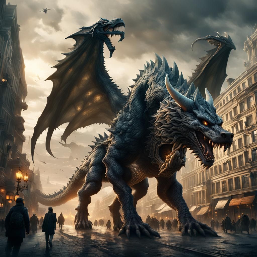 A large buff Fenrir Dragon roaming through a city