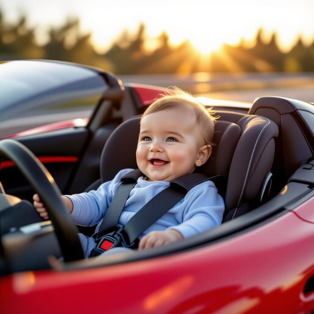 Cute Baby Rides in Sleek Red Sports Car