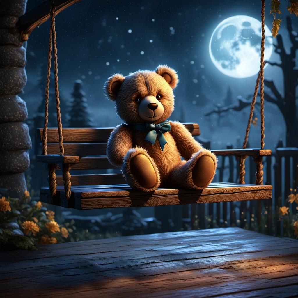 Teddy bear on a porch swing in the moonlight