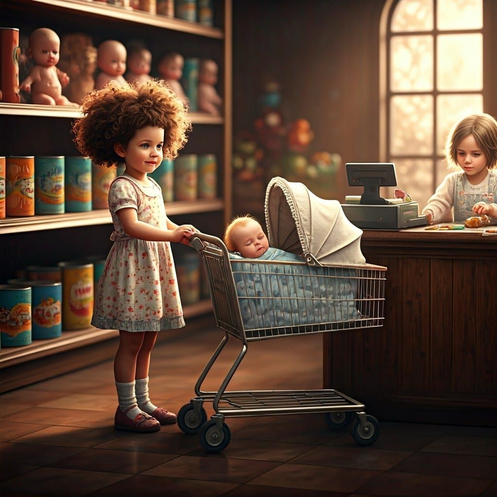 Whimsical Childhood Scene with Girl and Babies in a Fantasti...