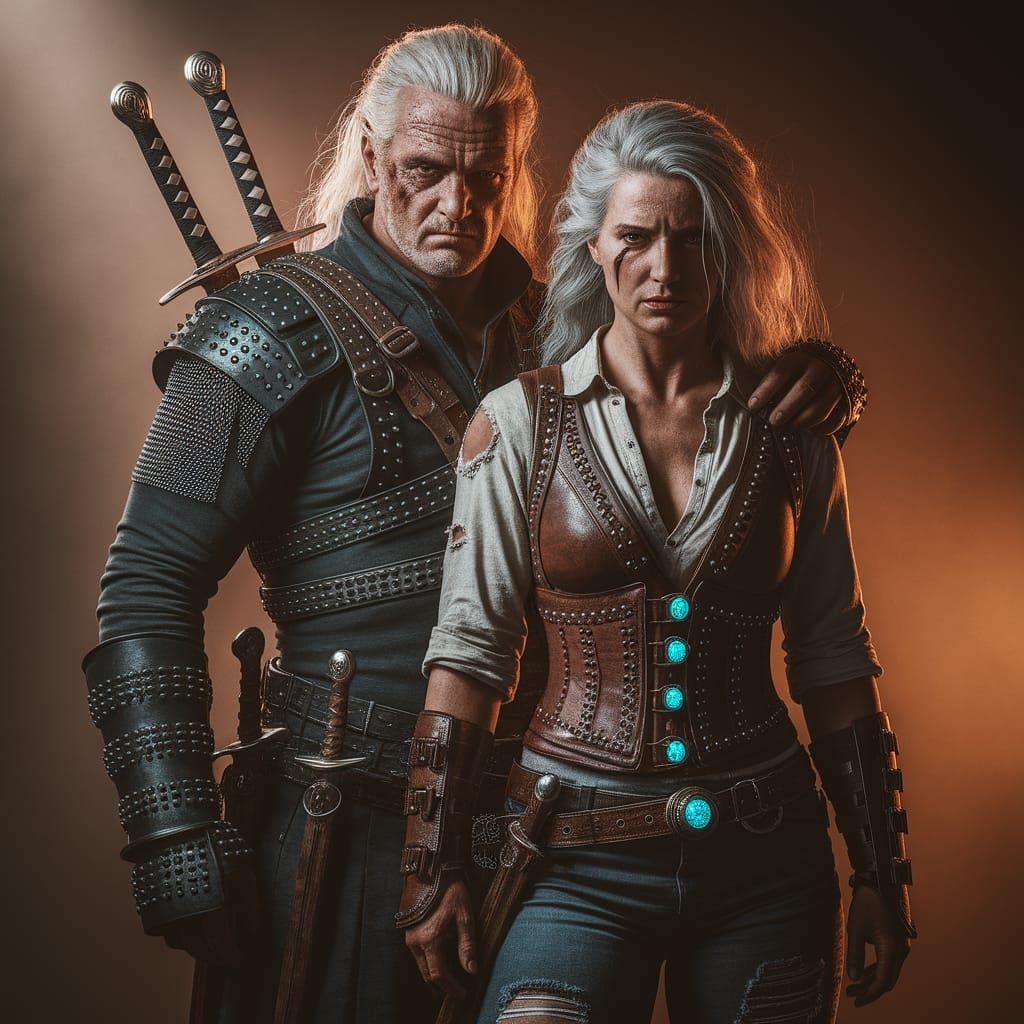Dark fantasy portrait of two battle-hardened warriors standing together in a dramatic scene. The man has long white hair tied back, a scarre...