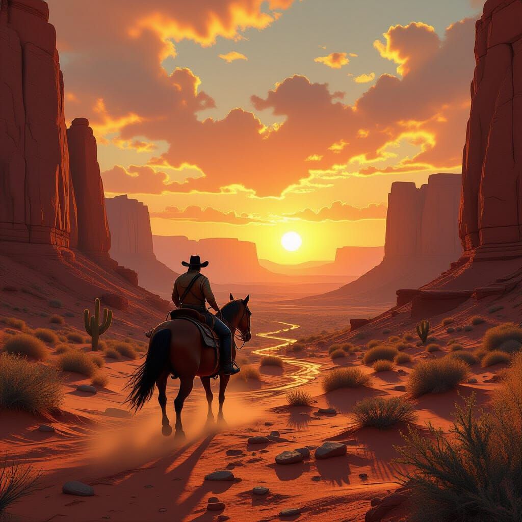 A lone cowboy rides a majestic steed through a vast, overgrown desert canyon, where nature has reclaimed ancient ruins. The sun sets, castin...