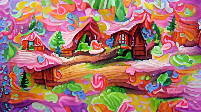 Cottage in the forest vibrant colors Candyland wonderland go...