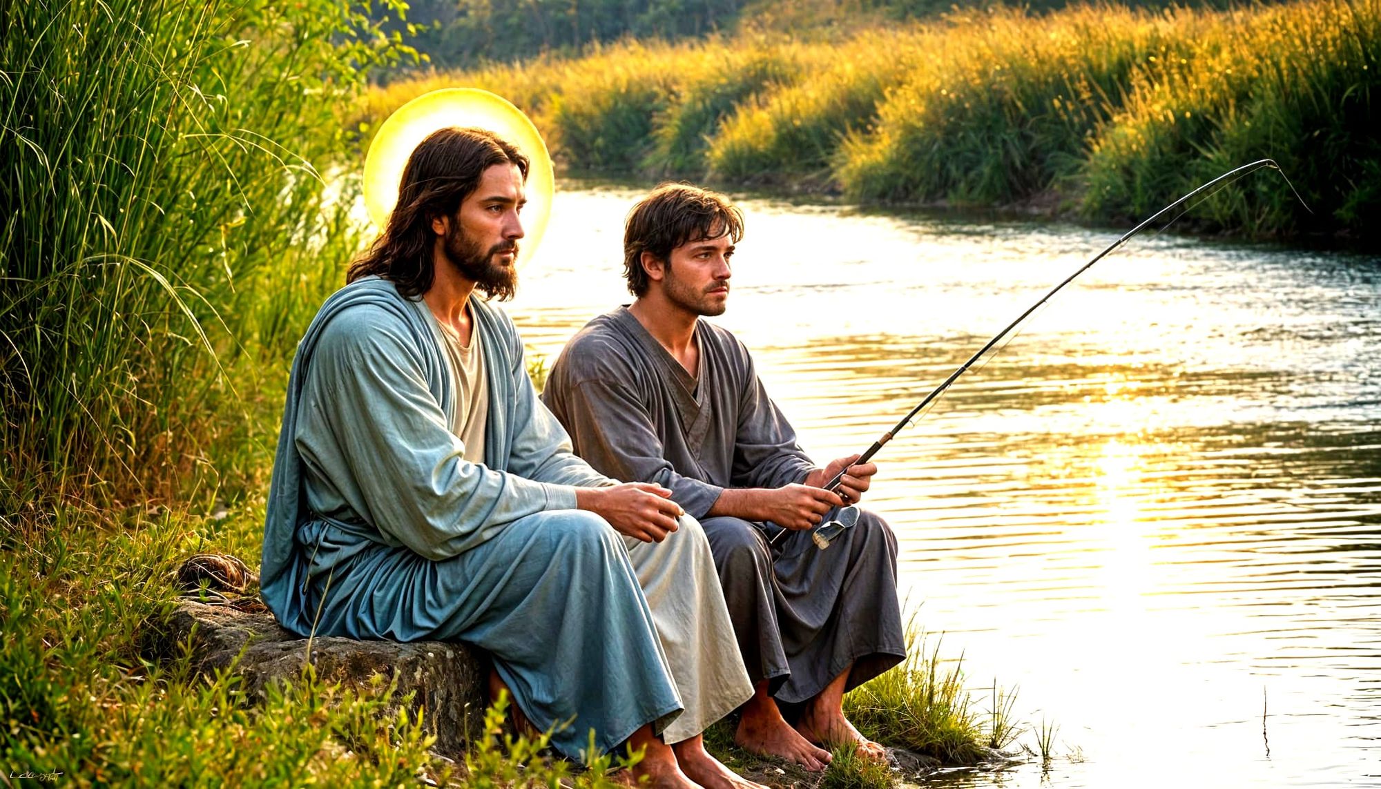 Fishermen A pastoral, half-length shot of Jesus and John seated by a tranquil river, fishing with fishing poles bathed in the soft glow of a...