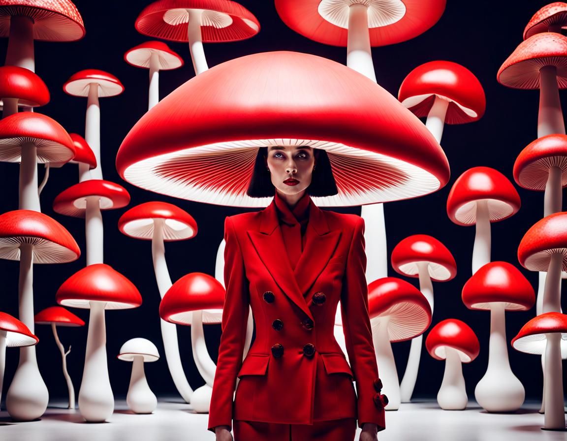 a woman in a red suit is wearing a big mushroom head with her hands on ...