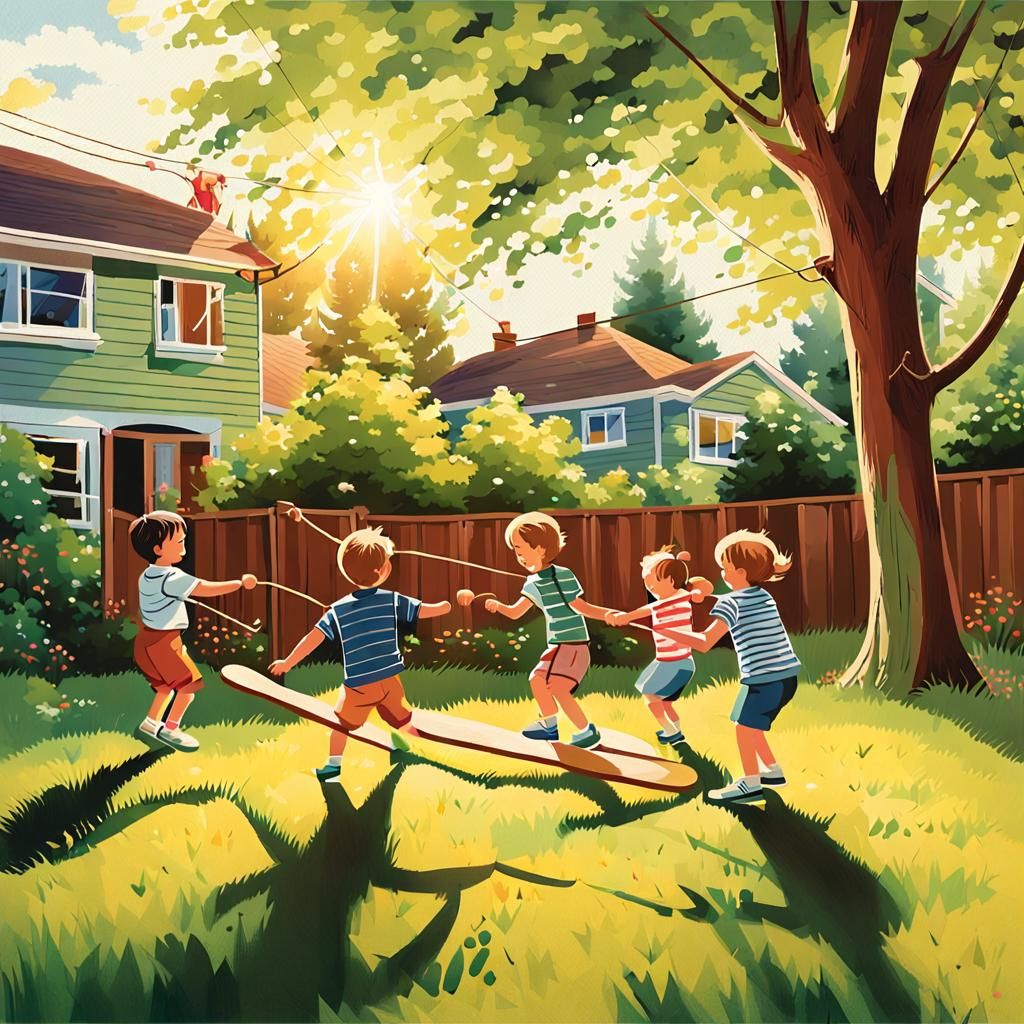 A nostalgic scene of children playing an elastic game in a s...