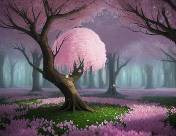 An enchanting forest scene hidden within the petals of a blo...