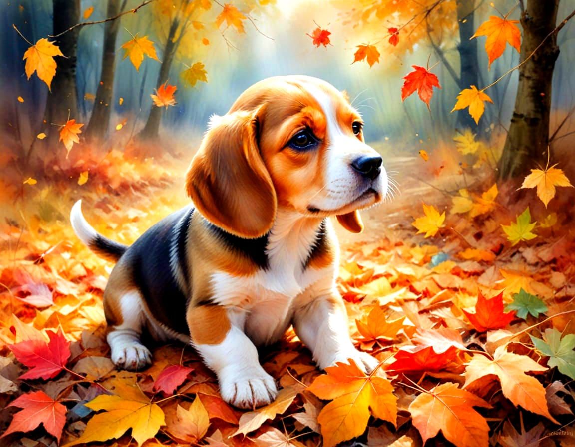 Beagle playing in autumn leaves  by @Andy