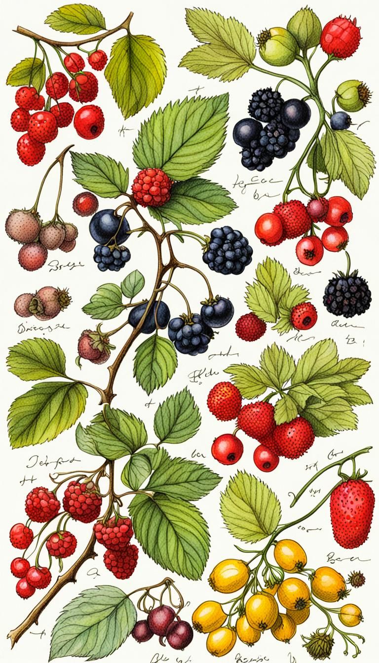 different types of berries, botanical drawing, botanical drawing of different berries, sketch, colourful sketch