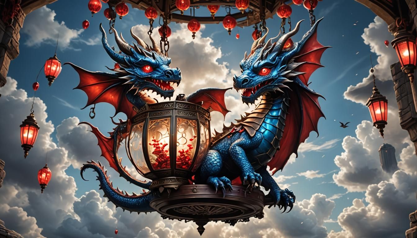 A Large Lantern With Blue light coming from it, Inside the l...