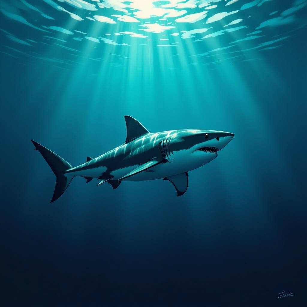 Shark in Dark Ocean Depths: Digital Art