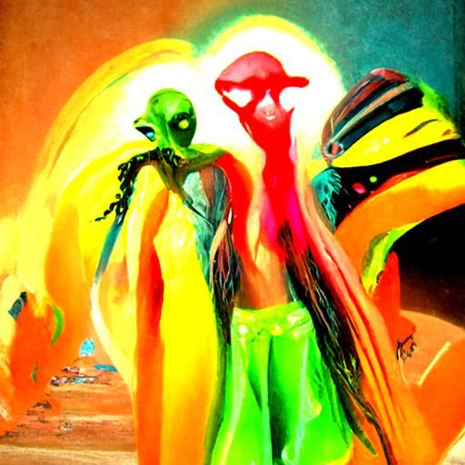 Hippie styled aliens in bright neon colours