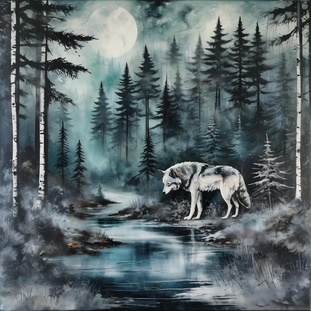wolf misty morning forest encaustic  by @Pjrockey
