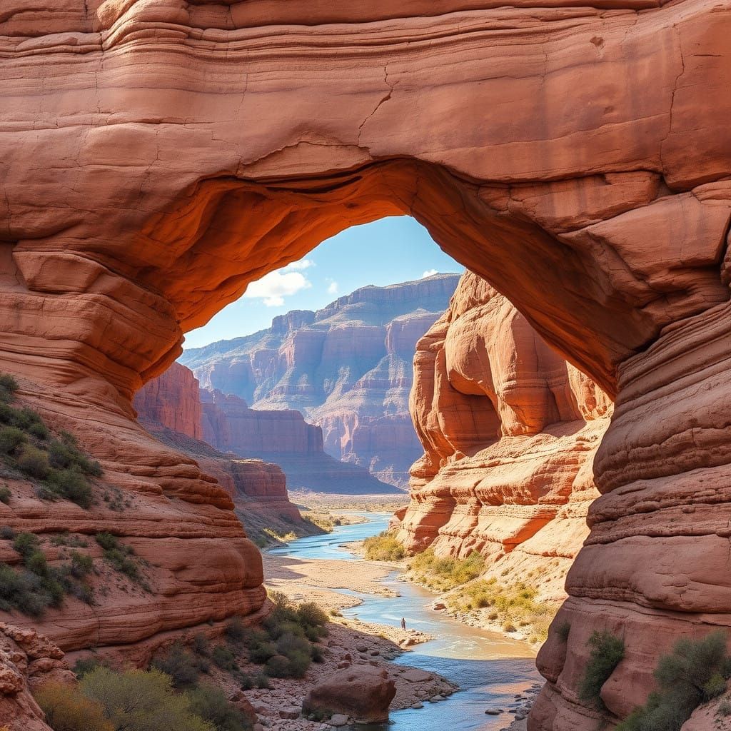 Natural bridge eroding stone in massive horizontally bedded sandstone archway that span an erosion valley ...  by @Van Vanner