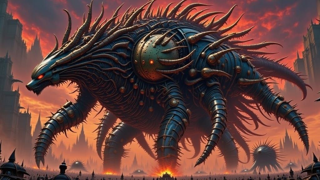 <lora:TheEngineWalks 2p0:1.0>  "(A massive mechanical titan-in-a-wolf-mask floating across the battlefield:1.4) burning-armored Chaos Space-...