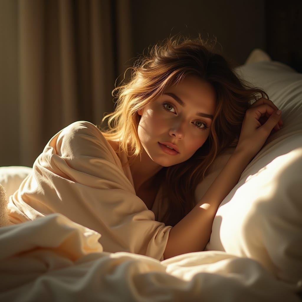 A woman waking up, opening her eyes and smiling slowly