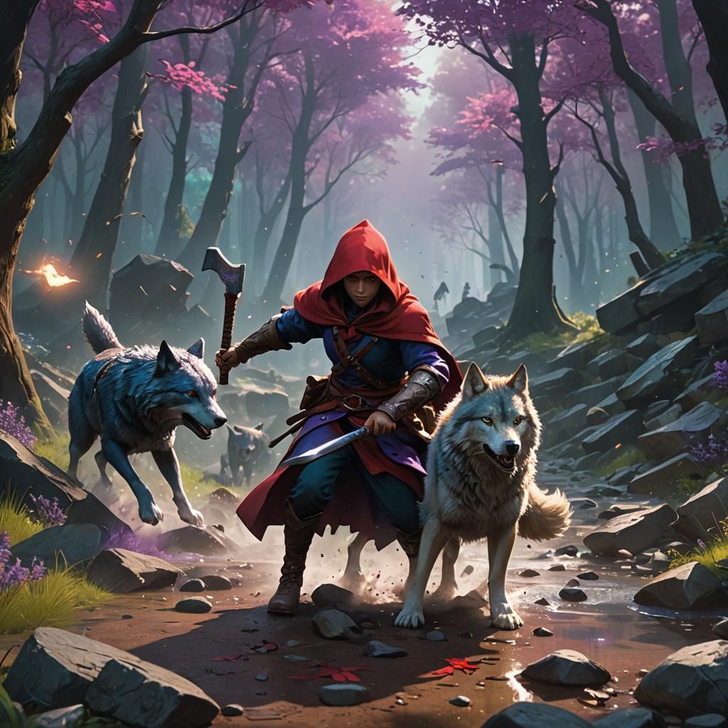 Little Red Riding Hoodv fighting the wolf with an axe 8k res...