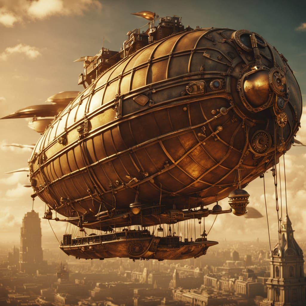 Hyperrealistic up close picture of a single  steam punk airship 
