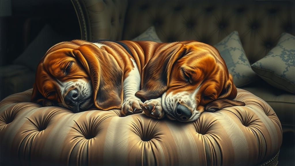 A sleepy Basset Hound is curled up on a plush, antique ottoman in a dimly lit room. Its long, soulful ...  by @Macbeth