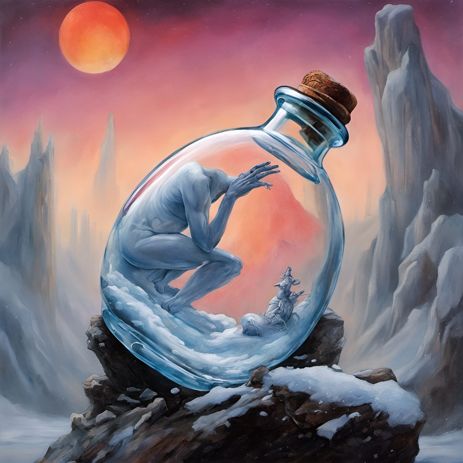 Monolithic, clear bottle with  pixie inside sleeping on rock...
