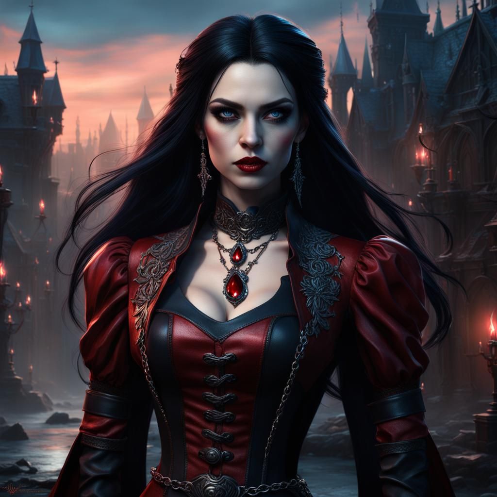 Vampire girl princess, red leather outfit, black long hair, ...