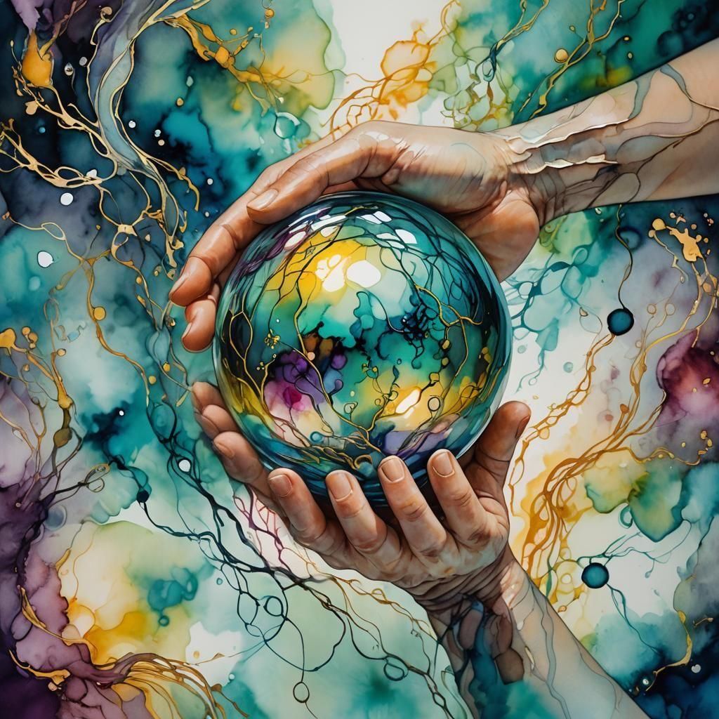 "your life is in your hands" alcohol ink wash on a line drawing