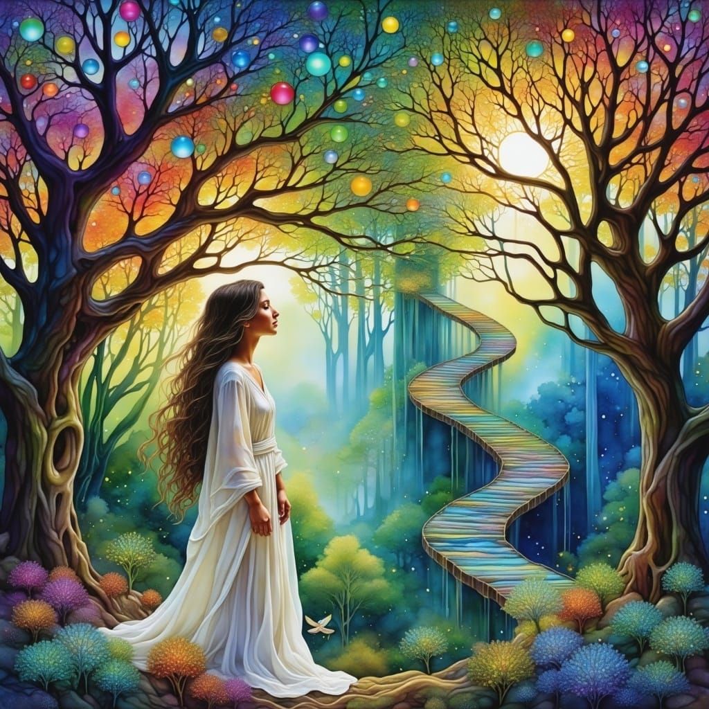 Surreal Woman Ascends Ethereal Stairway in Misty Forest