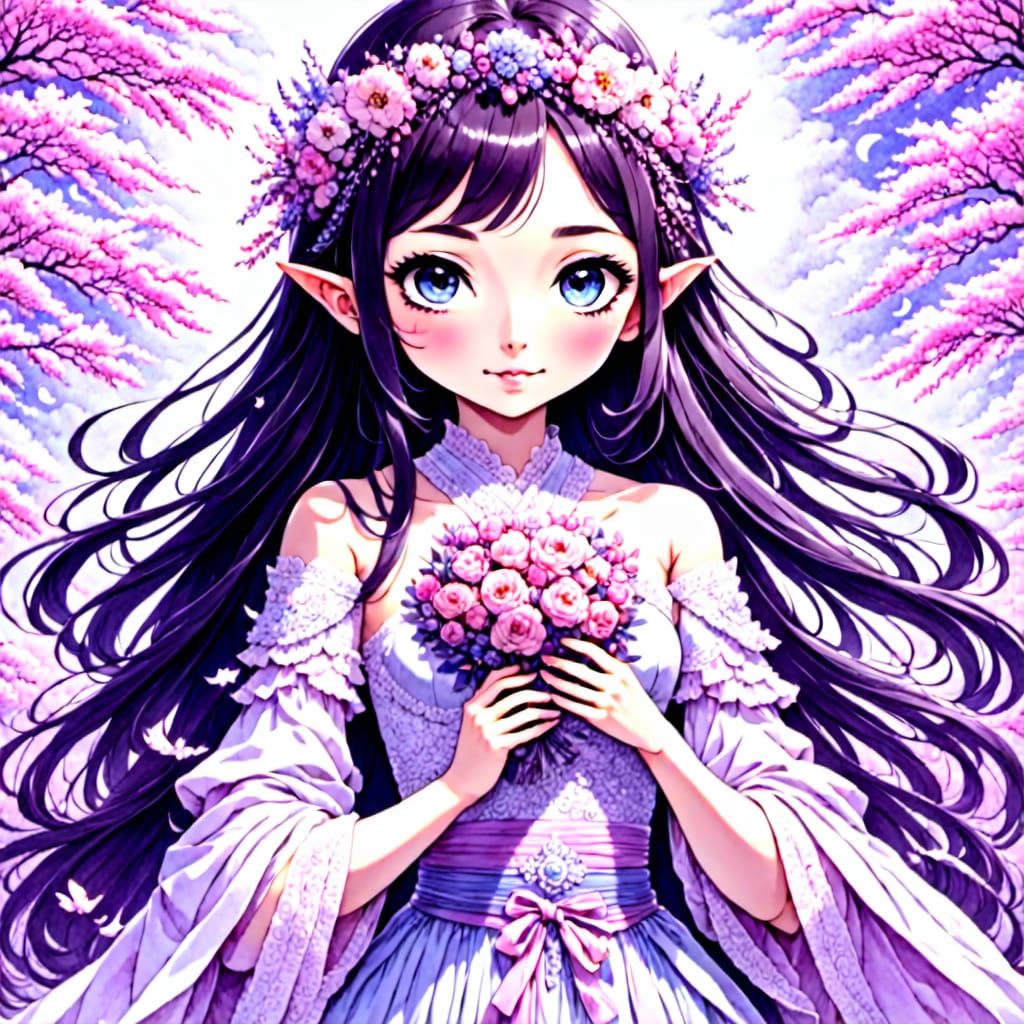 A Girl Holding a Bouquet of Flowers in Front of a Pink Forest of Trees (SDXL 1.0) <lora:GoblinFantasy V1> <lora:A1>